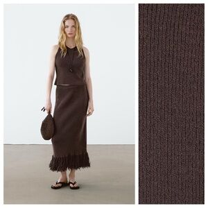 NWT. Massimo Dutti Chocolate Long Knit Midi Skirt with Fringed Hem. Size M.